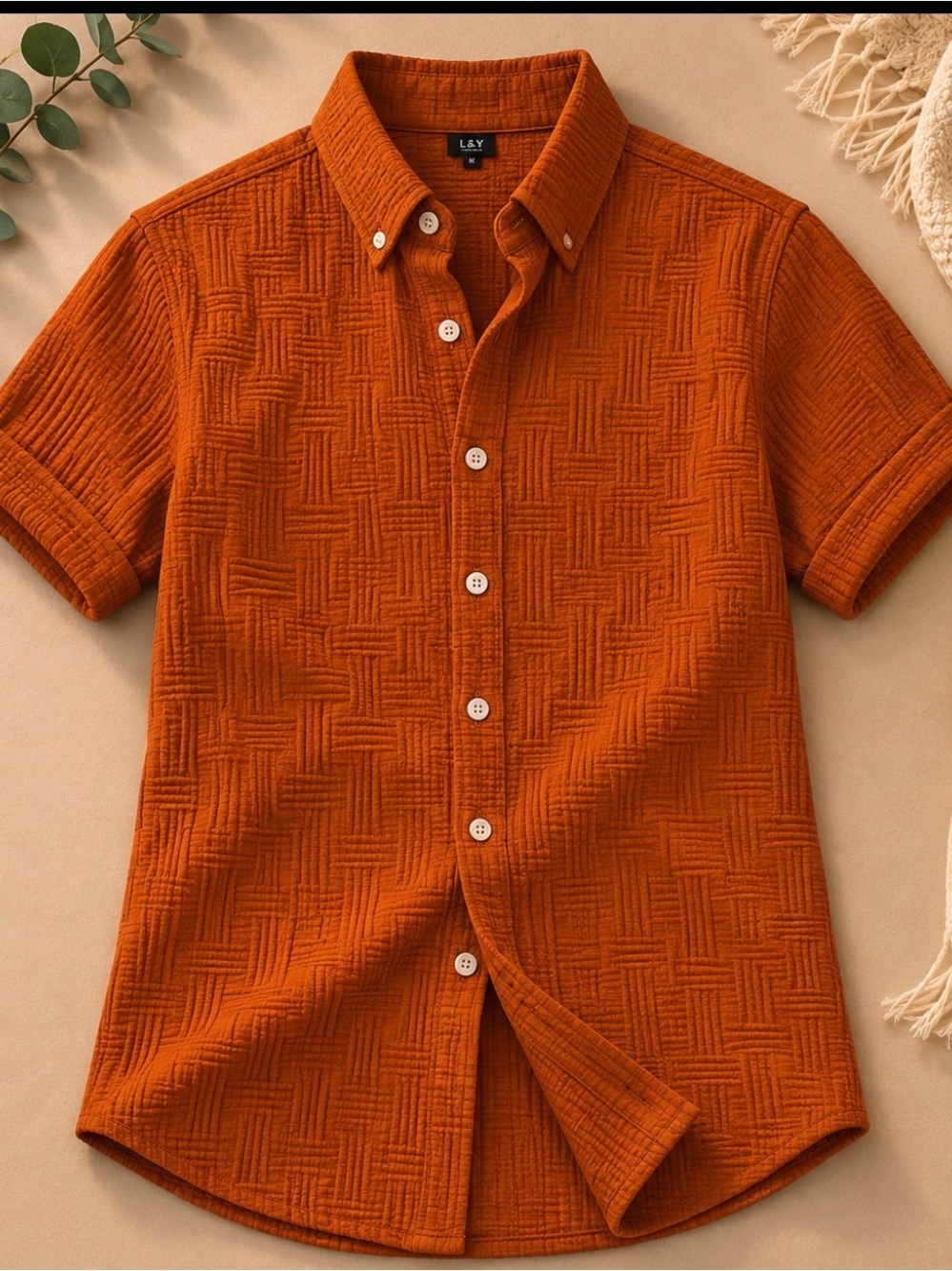 Men's Short-Sleeve Button-Up Shirt in Burnt Orange